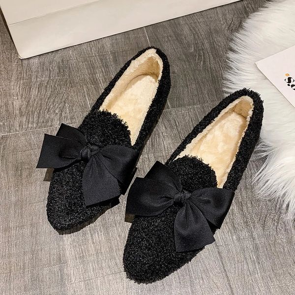 Mocassins de luxe en laine d'agneau avec nœud papillon, mocassins d'hiver en mouton bouclé pour femmes, chaussures pointues en coton et peluche, plates et floues, 240126