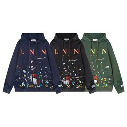 Designer Luxe Lanvins Klassieke bovenlichaam Handgeschilderde bedrukte, gewassen, versleten hoodie-sweater van puur katoen voor mannen en vrouwen