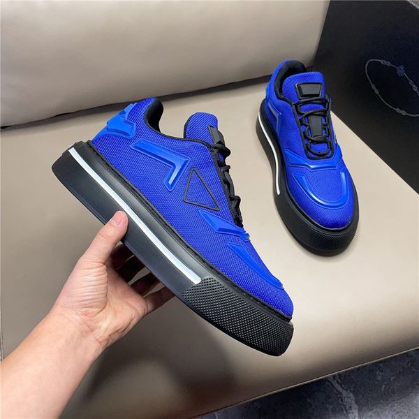 Designer Luxury Macro-Renylon and Brossed Leather Casual Shoes Sneakers bleu avec boîte d'origine