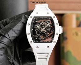 Designer luxe Ric miiies horloge RM055 SUPERCLONE vliegwiel uurwerk wijnvat vrijetijdsbesteding rm055 volautomatische kristallen kast witte lijmband