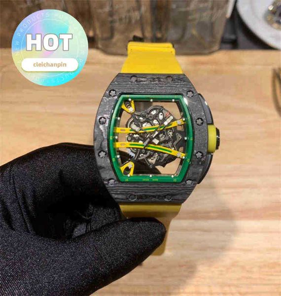 Diseñador de lujo RM Reloj de pulsera Reloj mecánico para hombre Reloj de pulsera Relojes de pulsera Fibra de carbono Serie de tres agujas Cinturón de goma Tecnología hueca Original Am6t 0t8o
