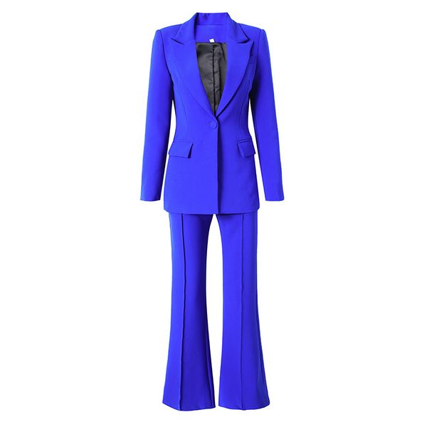 Designer de luxe Royal Blue Runway Pantalon Costumes à manches longues Blazer à bouton unique et jambe droite Pantalon long Bureau Lady Formelle Deux pièces Ensembles Costume