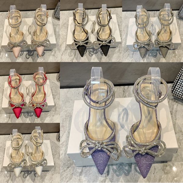 Designer Luxury Sandales Chaussures de robes pour femmes talons en cuir Party Ball chaussures Rigiane Pump Femme Crystal Bow Satin Summer des femmes Sandales de créateurs pour femmes