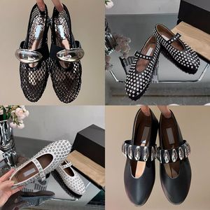 Designer Luxe Schoenen Nieuwe Dames Ballet Flats Uitgeholde Mesh Sandaal Muiltjes Ronde Kop Strass Klinknagel Gesp Mary Echt Leer Jane Schoenen Loafers Instapschoenen