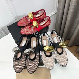 Designer Luxe Schoenen Dames ballet flats kleding schoenen uitgeholde mesh sandaal ronde kop strass klinknagel gesp Mary Echt leer Jane schoenen loafers met doos