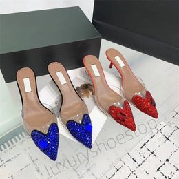 Designer Luxury Slippers High Heel Slippers Classic Crystal Shining Pointed Heart High Heel Shoes Dress Shoes Transparent Diamond Women Fashion Party Shoes Red