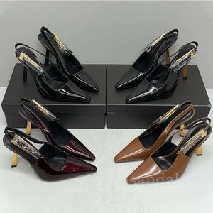 Designer Luxe Stiletto hakken Lakleer Goudkleurige Gesp Puntige neus Slingback Jurk Schoenen sandalen leer Dames Feestavond schoenen