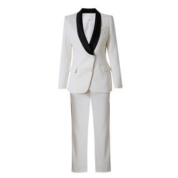 Designer De Luxe Blanc Piste Pantalon Costumes À Manches Longues Bouton Unique Blazer Manteaux Haut Jambe Droite Long Pantalon Parti Formelle Des Femmes Porter Deux Pièces Ensembles Costume