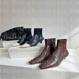 Botas de lujo de diseñador para mujer, botines elásticos cuadrados con cremallera lateral clásica de cuero genuino y tacón de gatito