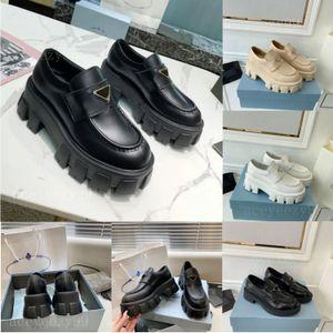 Diseñador de lujo para mujer Plataforma aumentada Chocolate Cepillado Triángulo Logotipo negro Zapatos pradaa de cuero Plataforma de marca clásica Mocasines de cuero Zapatillas casuales para mujer