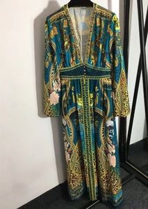 Designer De Luxe Femmes Milan Piste Robes À Manches Longues Col En V Profond Perlé Strass Robe Imprimée Femme Sexy Mince Mi-mollet Longue Soirée Porter Des Robes RY243