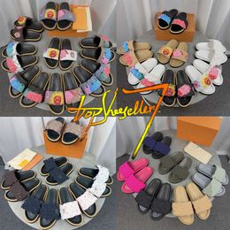 Designer Slippers Zwembad Kussen Glijbanen Zomer Lvities Katoen Leer Vrijetijdsschoenen Heren Zwarte Scuff Platte Sandalen Muiltjes Zonsondergang Gewatteerd Dames Mode Maat EUR 35-45