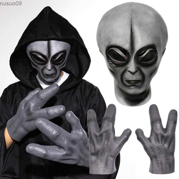 Máscaras de diseñador 51 Área Máscara alienígena Guantes Cosplay OVNI Ojos grandes Organismo extraterrestre Monstruo Látex Casco Manos Fiesta de Halloween Disfraz Prop