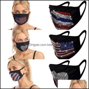 Masques de créateurs Drapeaux d'Amérique Étoile Coeur Respirateur Masques pliables Strass Réutilisable Respiration Mascherine Lavable Personnalisé Bon Dh8Go