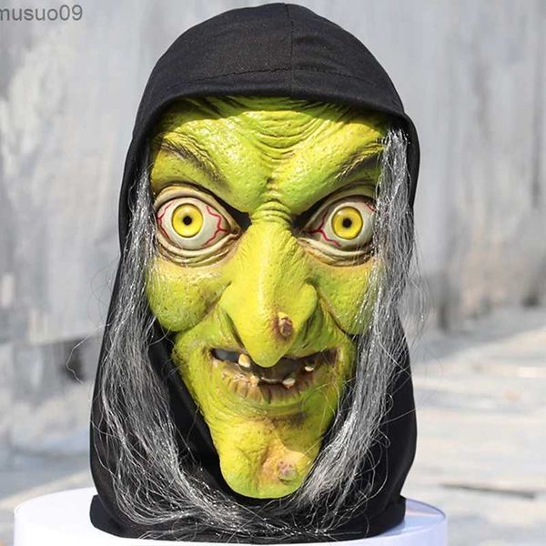 Máscaras de diseñador Máscara de bruja vieja de terror Halloween Cara verde Látex con cabello Disfraces Mueca Disfraz de fiesta Máscaras de cosplay Accesorios Adulto Talla única