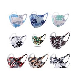 Designer maskers Ice Silk Face Mask ADT 9 Kleur Gedrukte cartoon Camo -maskers voor mannen Vrouwen zwart blauw groen rood camouflage stofdicht en dhsiq