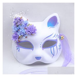 Masques de créateurs Japonais Kimono Fox Cat Masque à la main peinte à la main Purple Blue Gradient de soie Bell Cosplay Drop Livrot Home Garden Hou Dhmna