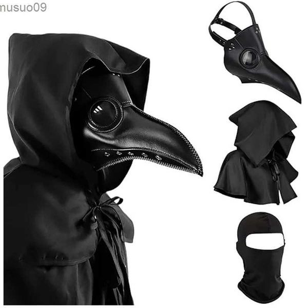 Máscaras de diseñador Hombre Máscara de médico de la peste de Halloween y chal Máscaras de cuero de pico de nariz larga para adultos Capa de segador Sombrero negro Accesorios para disfraces de cosplay