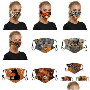 Máscaras de diseñador Calabazas Gatos Feliz Halloween Mascarilla Mascarilla Tela de poliéster Algodón Interior Mascherine Puede poner una pieza de filtro Reus Dhmbu