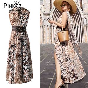 Ontwerper Maxi Jurk Party Mouwloze Lace Up Bow Animal Leopard Split Asymmetrische Nachtjurken voor Vrouwen Chiffon ZA 210421