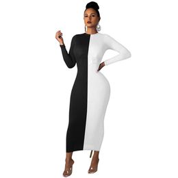 Designer Maxi Dress Femmes À Manches Longues Robe Moulante Sexy Noir Blanc Patchwork Imprimer Robe Longue Party Night Clubwear En Vrac En Gros Vêtements 9079