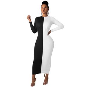 Diseñador Maxi vestido de mujer de manga larga vestido ajustado sexy negro blanco patchwork estampado vestido largo fiesta noche clubwear ropa al por mayor a granel 9079