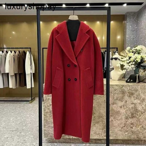 Diseñador Maxmaras Cashmere Coat Abrigos de lana para mujer 2024 Otoño Invierno Clásico 101801 India Rojo Doble botonadura para mujer Largo Espesado Gama alta