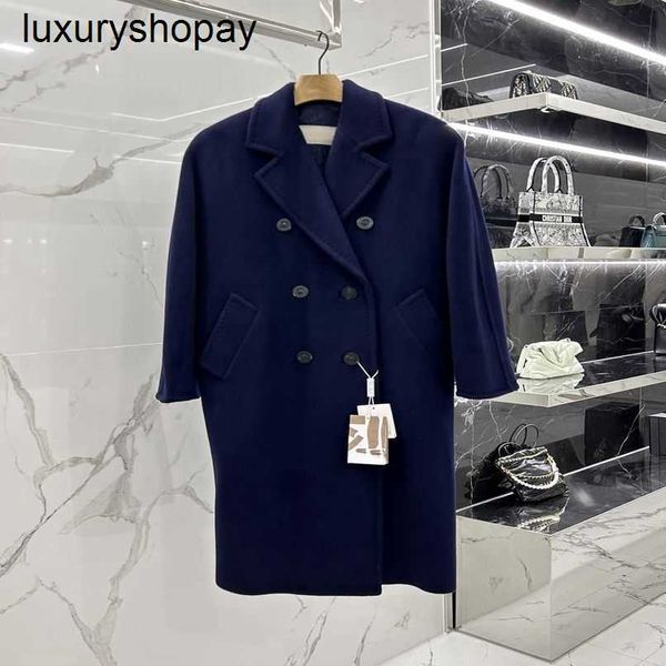 Diseñador Maxmaras Cashmere Coat Abrigos de lana para mujer 2024 Winter Classic 101801 Abrigo de cachemira de doble botonadura azul marino con ajuste delgado Estilo largo de doble cara engrosado para e