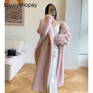 Designer maxmaras teddy bear casaco das mulheres cashmere casacos de lã inverno 2024 nova m família flor de cerejeira rosa comprimento médio camelo cabelo silho