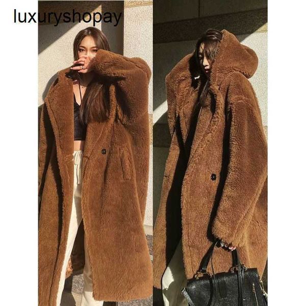 Designer Maxmaras Teddy Bear Manteau Femmes Cachemire Manteaux Laine Hiver 2024 Haining Nouveau Tout Chapeau Fourrure Silhouette Style Paresseux Offre Spéciale