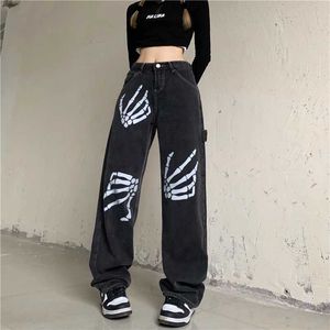 Designer Men and Women American High Street Vibe Wind Bone Print Jeans Mens and Women Niche Hip-Hop Loose Loose Straight-Leg-Leg.