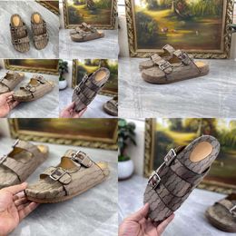 Designer Men Canvas Double G Slide Slippers Outdoor Beige Ebony Two Straps Buckles Cuir Rubber Sole Salms Sandals Box Original Quality
