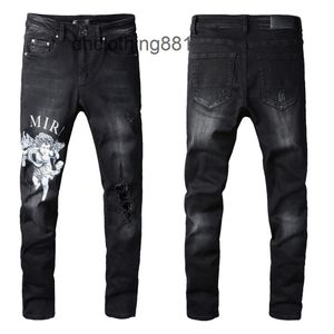 Designer Hommes Jeans Amirs Pantalon Tendance Amirs Street tendance Ange motif trou noir élastique jeans à jambes serrées # 8173078