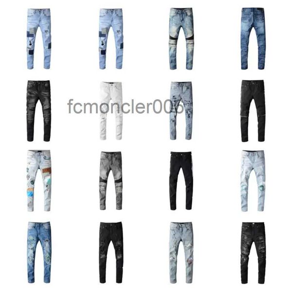 Designer Hommes Jeans Hip-Hop Mode Zipper Trou Lavage Pantalon Rétro Torn Fold Couture Mens Design Moto Riding Cool Slim Pantalon Bleu Ciel Jean pour Femmes 28-40 8RZZ