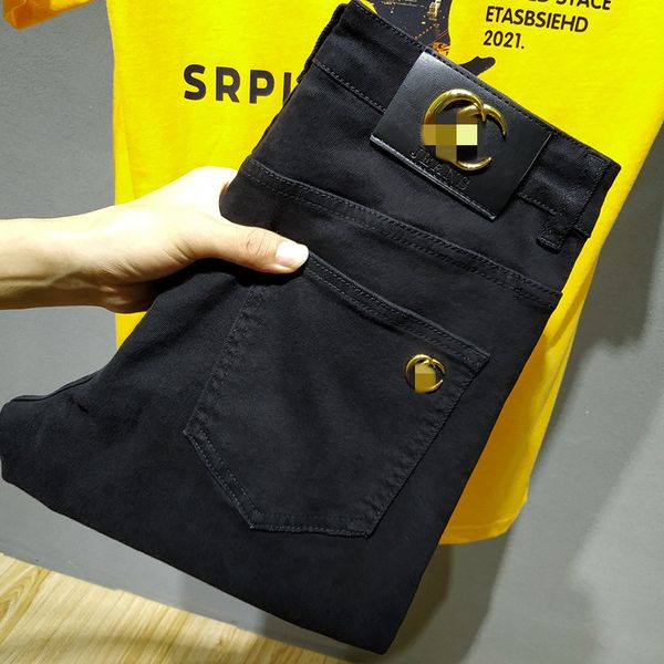 Pantalones vaqueros negros de diseñador para hombre, pantalones elásticos con logotipo de Metal para primavera y otoño, pantalones elásticos, pantalones tipo lápiz