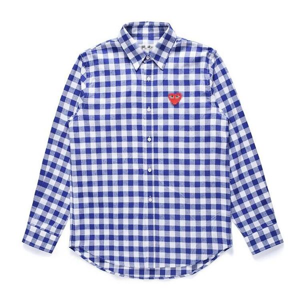 Chemises décontractées pour hommes de créateurs Com des Garcons PLAY CDG Homme Coeur Rouge Manches Longues Bleu/Blanc Chemise à Carreaux Vichy Hommes Taille XL