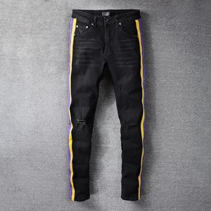 Designer heren jeans knie-lengte magere rechte jeans trendy lange rechte rechte scheurde high street rock revival jeans hiphop hombre ware religieuze mannen merkbroek 8wfp