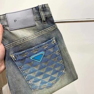 Designer heren jeans luxe grafische driehoek gewassen letters slanke stretch high street modebroek massieve kleur denim casual broek