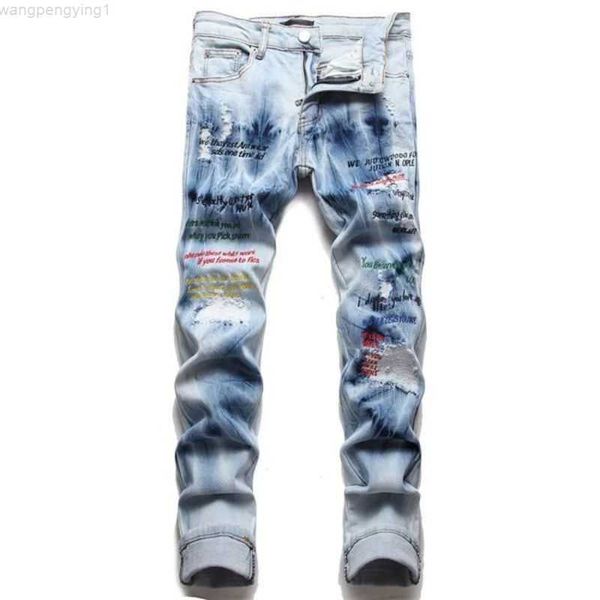 Diseñador Jeans para hombres Jeans ajustados Moda de verano Pantalones deportivos elásticos Pantalones morados de lujo Patrón de estrellas casual de gran tamaño rasgado EX94 1QDDF