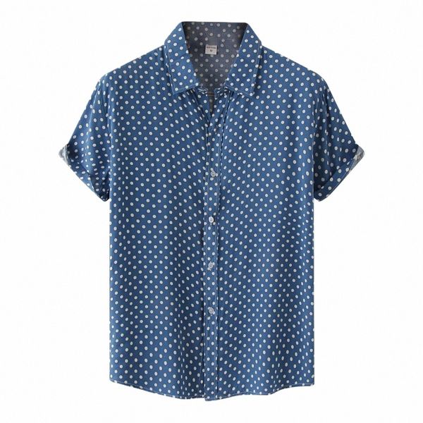 Camisa de los hombres del diseñador Ocio de verano Étnico Cott Lino Camisa de los hombres Lunares Impresión de la solapa Camisa de manga corta Streetwear Camisas I1WC #