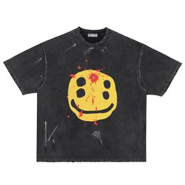 Diseñador Camisetas para hombres Cara de sonrisas Broking American Retro High Street Vintage Lavado Camiseta de manga corta