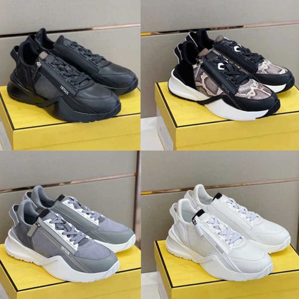 Designer Hommes Femmes Flow Sneakers Plate-forme Chaussures Nylon Runner Baskets Top Suede Cuir Noir Blanc Sports Zipper Caoutchouc Runner Outdoor Chaussure NO259