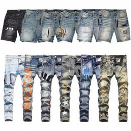 Diseñador para hombres Amris Jeans Shorts Us Size Bordery Pants Jeans Skinny Jeans Men rasgados para tendencia algodón Hip Hop Bikers Motorcycle Ture Jeans