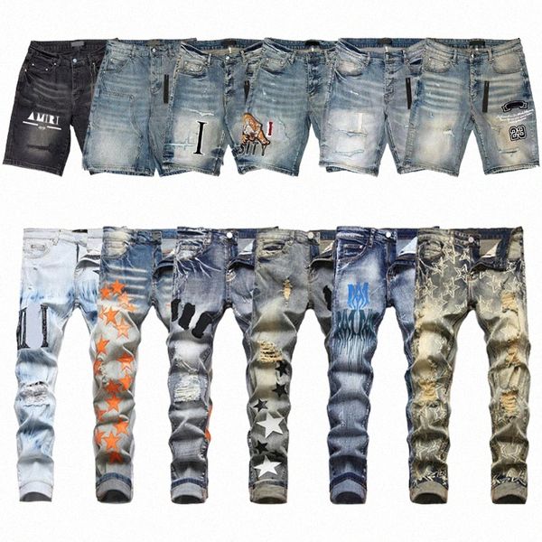 Designer Mens Amris Jeans Shorts US Taille Pantalon de broderie Skinny Jeans Men Ripped for Trend Cotton Hip Hop Bikers Motorcycle Ture Jeans W4QQ #