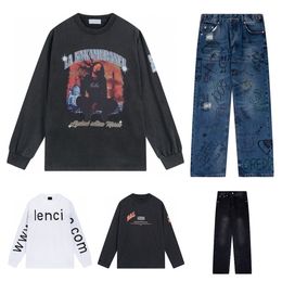 Diseñador para hombre Balencaigaity Moda Ocio Hombres Mujeres Graffiti Atado con capucha Agregar letras a la pierna Jeans Balanciag Sudadera sin capucha 65