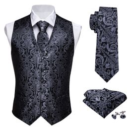 Designer Mens Classic Black Paisley Jacquard Folrale zijde vest Vesten Zakdoek Tie Vest Pak Pocket Square Set Barrywang