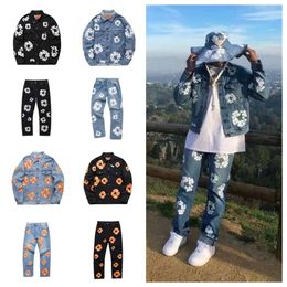 Designer Mens denim lieverd jas hoodie kwaliteit denim tes broeken stijl vintage driedimensionaal schuim kapok printing graffiti mannen dames geborduurde topbroeken set