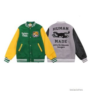 Diseñador Chaquetas para hombre Moda BR Abrigo Ropa exterior Hecho humano Tigre Mangas de cuero Lana Béisbol Jersey American Men's Wear Contraste Color Chaqueta Abrigo de algodón