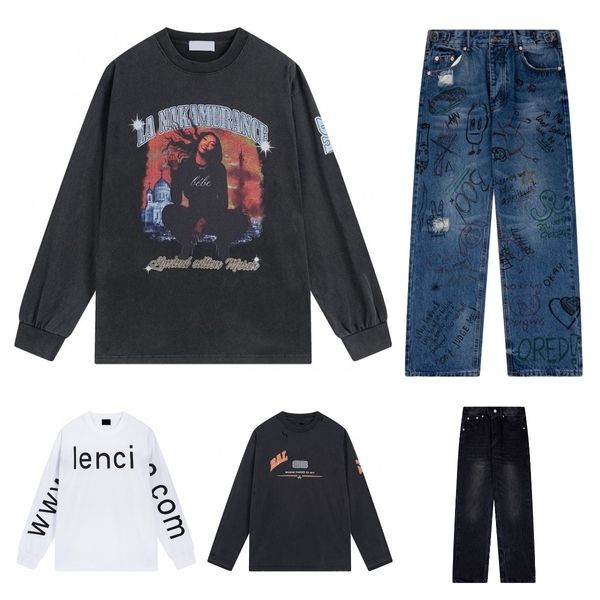 Diseñador Jeans para hombre Balencaigaity Mujer Moda Ocio Hombres Mujeres Graffiti Atado Jeans Sudadera con capucha Agregar letras a la pierna Jeans Balanciag Sudadera sin capucha