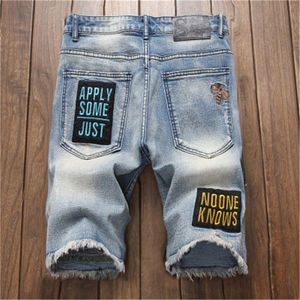 Ontwerper heren jeans bee borduurwerk gaten hiphop blauwe skinny stretch jeans mode trend casual slank been rechte denim shorts man